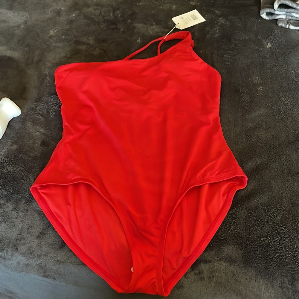 Red one shoulder swimsuit